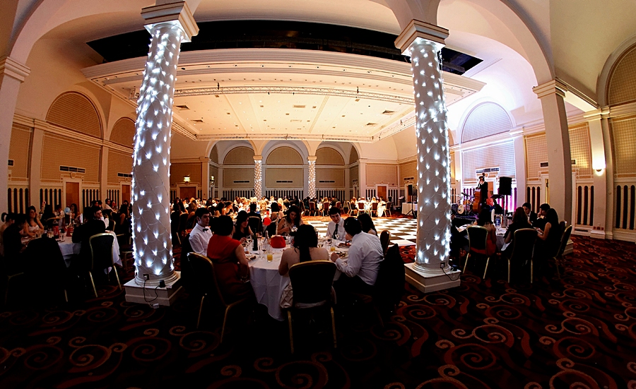 Queen's Hotel, Leeds, England, ballroom, dinner tables. Conference venues in Leeds