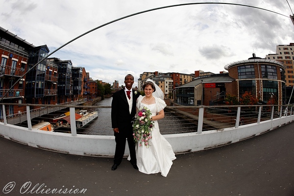 vintage wedding photography, leeds wedding photographers, Millennium Bridge, city of Leeds wedding photographers, fish eye lens, Leeds skyline, event photographers in Leeds, Yorkshire